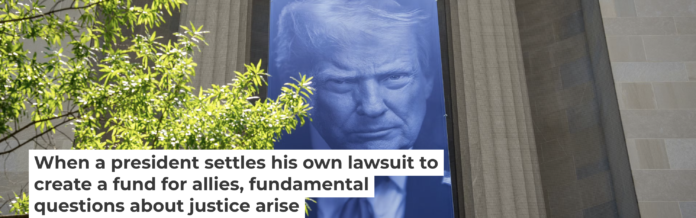 A banner featuring President Trump on the outside of the DOJ building in Washington, D.C. Andrew Harnik/Getty Images